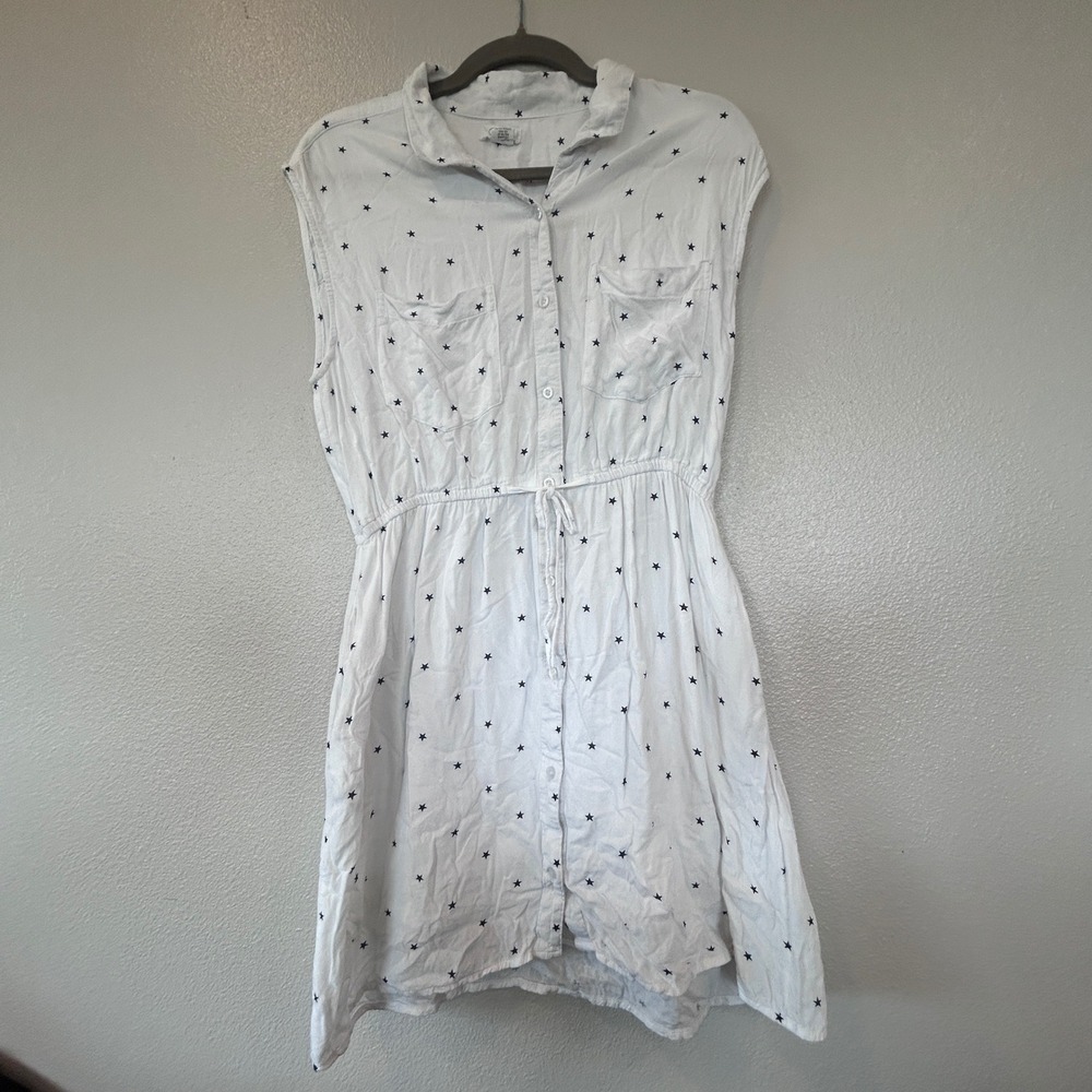Japna‎ Womens White Blue Star Patriotic Sleeveless Button Down Shirt Dress Large